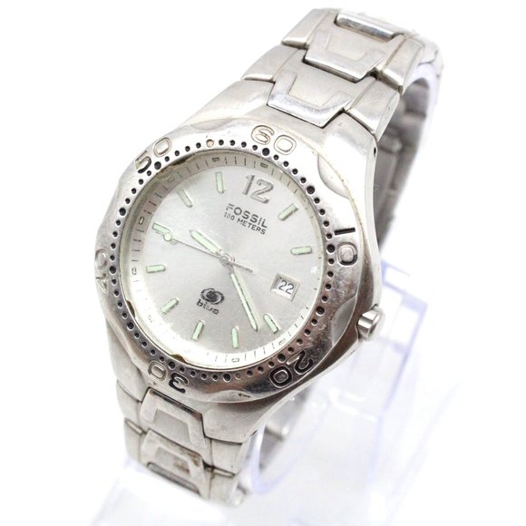 Fossil Watch Mens Silver Tone Stainless Steel Blue Classic 100M WaterProof - Picture 1 of 9